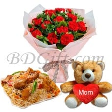 (000020) Red carnations with teddy bear and biryani