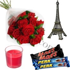 (36) Red roses W/ chocolates, candle & eiffel tower