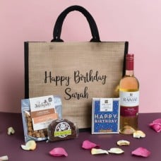 Personalised Happy Birthday White Wine Treats Jute Bag