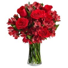 Eros with red alstroemerias and roses (Basic)