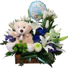 Newborn Baby Boy Flowers, Teddy Bear And Balloon