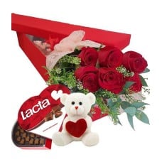 Floral gift box with 6 red roses, chocolates and teddy bear