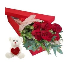 Floral gift box with 6 red roses and a teddy bear