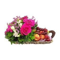 Basket arrangement with seasonal flowers and fruits (Basic)