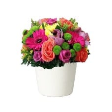 Ceramic pot with colorful flowers