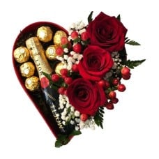 Heart Base With Roses, Chocolates And Moet