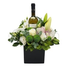 Flowers and wine in black cube (Basic)