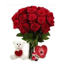 24 red roses with chocolates and teddy bear