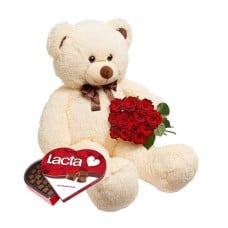 Red Roses, Beige Teddy and Chocolates (Basic)