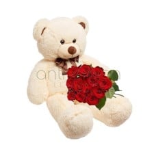 Red roses with beige teddy bear 45cm (Basic)