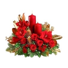 Festive centerpiece of reds, golds and greens (Basic)