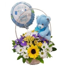 Basket With Flowers For Baby Boy,Teddy Bear And Balloon (small)
