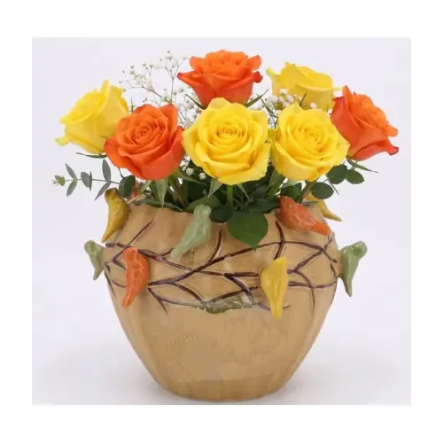 Ceramic Vase with Birds, Melancholic Design in Sand Color, Handmade