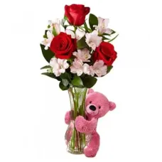 Glass vase with alstromerias, roses and teddy bear (Basic)