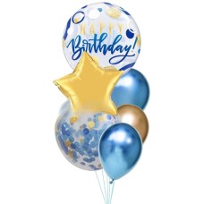Blue + Gold Happy Birthday Balloon Bouquet