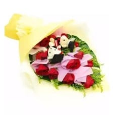 Graduation Bouquet 03 (2 Bear + 12 Pink Rose)
