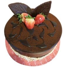 Chocolate Moist Delight with Flower Hand Bouquet (0.5kg cake with 6 stalk (Carnations OR Roses))