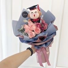Graduation Bouquet 16 (Convo Monkey With 12 Stalks Pink Roses)