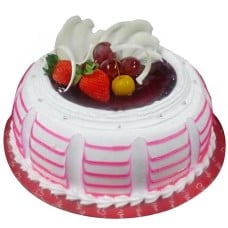 Strawberry Fruits Delight with Flower Hand Bouquet (0.5kg cake with 6 stalk (Carnations OR Roses))