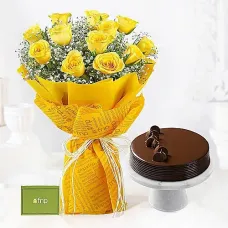 Sunshine Roses Bouquet and Truffle Cake
