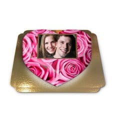 Photo cake pink roses in the shape of a heart (Large ((34×31 cm)20 slices))