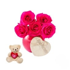 Bouquet of hot pink roses with chocolates and romantic teddy (Refined)