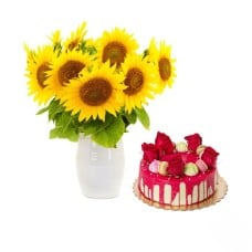 Arrangement of sunflowers with modern cake (Refined)