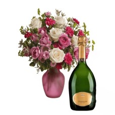 White and Pink roses bouquet with sparkling wine (Refined)