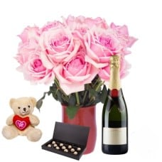 Bouquet of pink roses with chocolates, teddy and red wine (Refined)