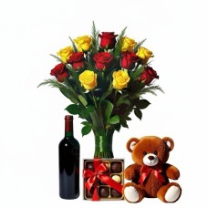 Red and Yellow bouquet with Red wine,box of chocolate and teddy (Refined)