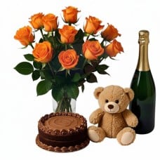 Orange bouquet with sparkling wine,chocolate cake and teddy (Refined)