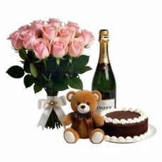 Pink bouquet with sparkling wine,chocolate cake and teddy (Refined)