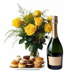 Bouquet of yellow roses with sparkling wine and pastries (Refined)