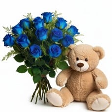 Bouquet of Blue Roses with Teddy (Refined)