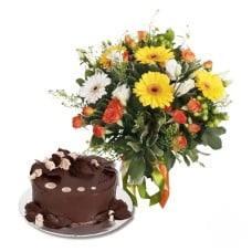 Yellow and Orange bouquet with chocolate cake (Refined)
