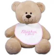 Embroidered Pink Baby Bib Teddy Bear - 11"