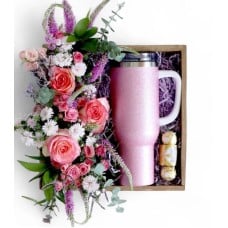 Pink Glitter Tumbler and Seasonal Fresh Bouquet Box
