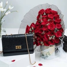 Midnight Romance Luxe Set With Sling Fashion Handbag And 50 Red Roses