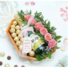 Rose Blossom Vessel Combo Gift With Pink Roses, Ferrero Rocher Chocolates