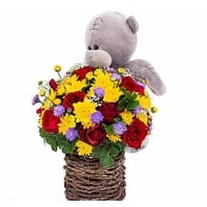 Sneak A Peek- Mix Of Red Roses, Chrysanthemums And A Teddy