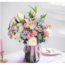 Pink Romance Vase With White And Pink Roses