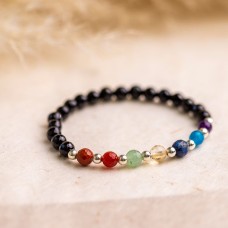 Chakra Bracelet with Black Tourmaline Beads - 6mm Faceted Beads & Sterling Silver Details