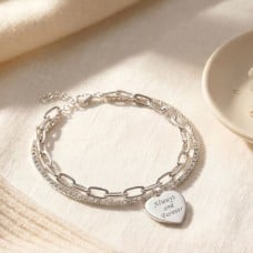 Engraved Sterling Silver CZ Heart Charm Bracelet