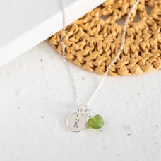 Sterling Silver Peridot Necklace - Teardrop Gem with Personalised Initial