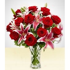 Lovable: Pink lilies and Red Roses