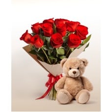Caprice Combo: 12 Roses Bouquet + Teddy Bear: