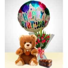 Birthday Combo A : 12 Roses Bouquet + Bear + Chocolates + Happy Birthday Balloon