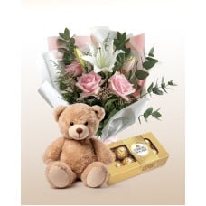 Delicate Roses Bouquet + Teddy bear + Chocolartes Combo