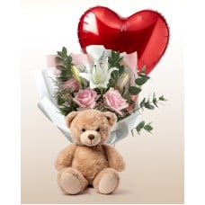 Delicate Roses Bouquet + Teddy bear + Balloon Combo