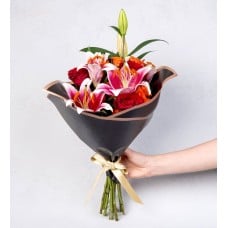 Orange Red Roses and Lilies Flower Bouquet